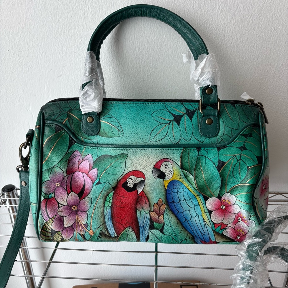 NWT Anuschka hand painted Brazilian Beauties parrots genuine leather bag